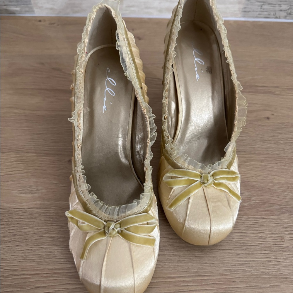 Ellie Cream Satin Heels with Ruffle Detail - Picture 3 of 7